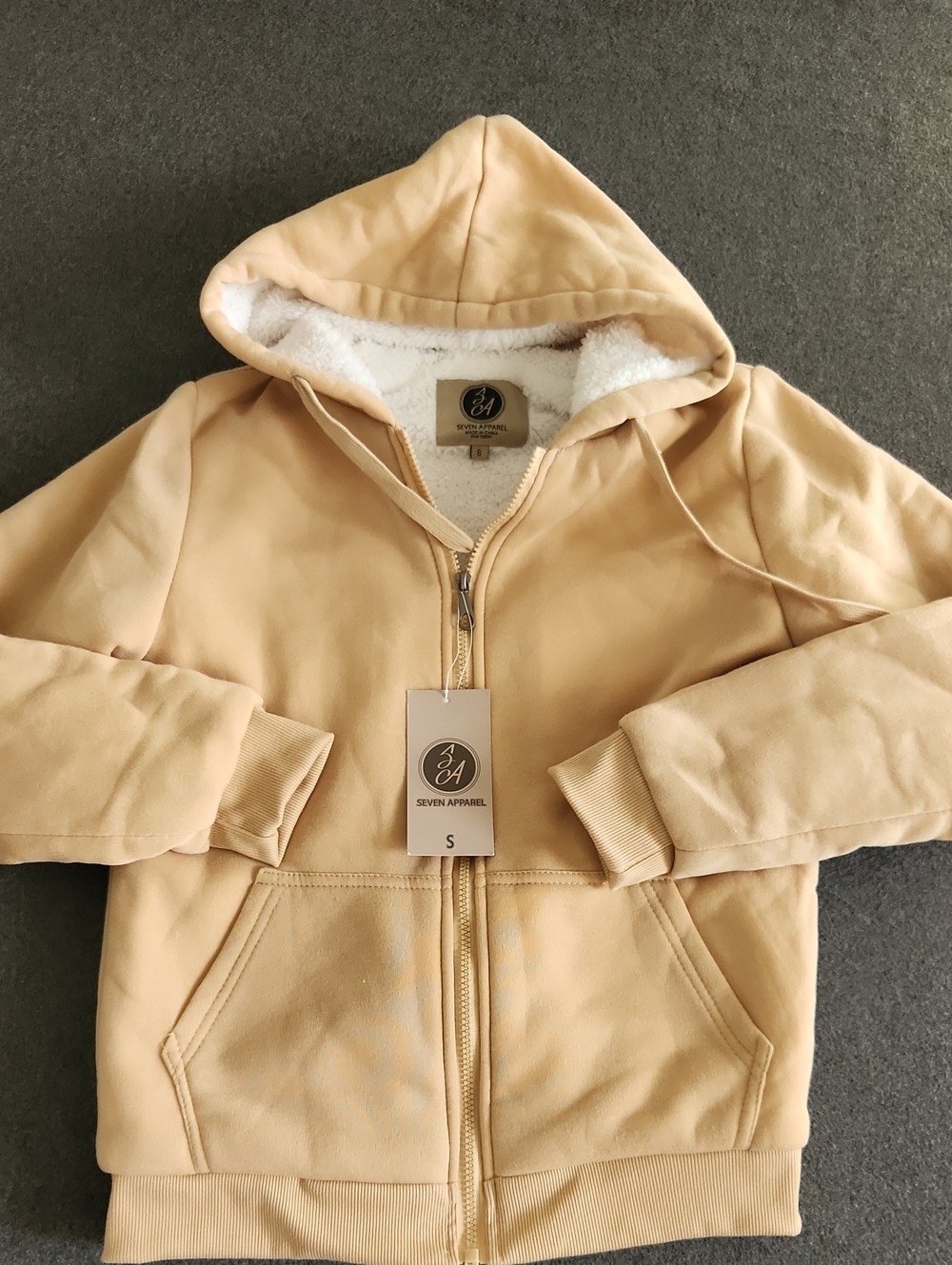 Seven Apparel Women's Sherpa Lined Full Zip Hooded Jacket Tan Size Small NEW